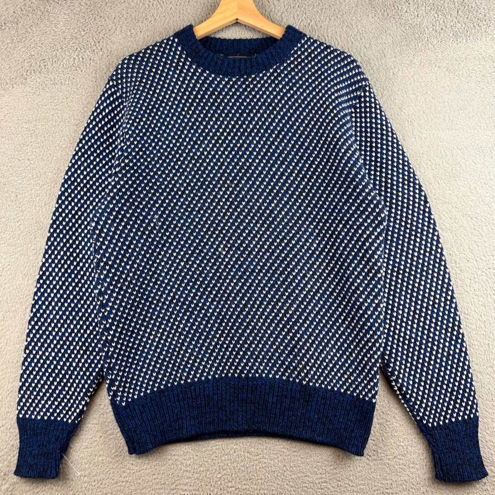 VTG Peconic Bay Traders Mens XL Blue White Birds Eye Wool Sweater Made in USA